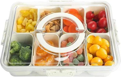 Produktbild von Snackbox aus Kunststoff mit Deckel - 8-teilig unterteilte Snackbox für Süßigkeiten, Gemüse, Obst, Nüsse, Kekse und Desserts