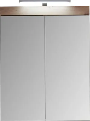 A bathroom cabinet with mirrored doors and a wooden top with integrated lighting.