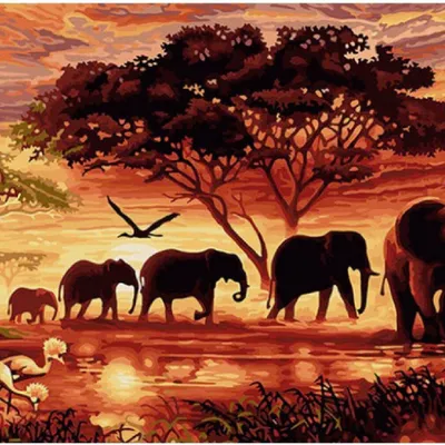 Image de Kit de peinture par numéros : Un troupeau d'éléphants au coucher du soleil, format 50x40, avec cadre
