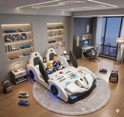 Image de Lit pour enfant blanc en forme de voiture, éclairage LED, haut-parleur Bluetooth