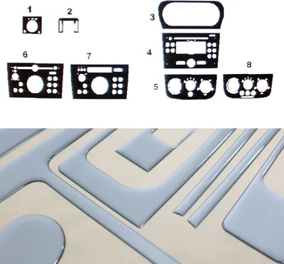Productafbeelding van Interieurdecoratie voor het dashboard van een Opel Corsa C (2000-2009), met een aluminiumlook, bestaande uit 8 delen