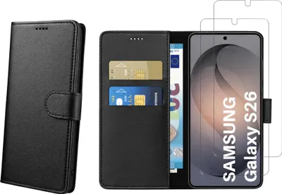Produktbild von Hülle für Samsung Galaxy S26 und 2 gehärtete Gläser – Schwarze Brieftasche mit Klappverschluss und Magnetverschluss zur Aufbewahrung von Karten Phonillico®