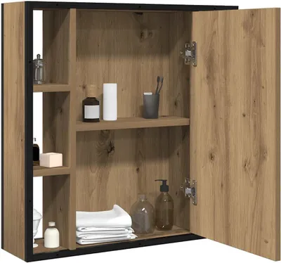 A bathroom cabinet with its doors open, showing shelves stocked with toiletries and towels.
