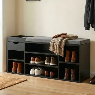 Produktbild von FineBuy Schuhbank Flur Schwarz 100cm mit Sitzkissen – Sitzbank mit Schublade und verstellbaren Regalböden – Schuhregal modern – Flurbank mit Stauraum