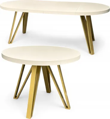 Produktbild von Runder ausziehbarer Esstisch Ø100 bis 200 cm Kaschmir Beige mit Metallgestell in Gold