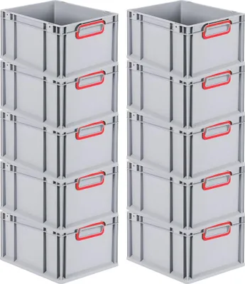 Produktbild von SparSet 10x Eurobox NextGen Color | HxBxT 22x30x40cm | 20 Liter | Griffe rot geschlossen | Glatter Boden | Grau | Eurobehälter, Transportbox, Transportbehälter, Stapelbehälter
