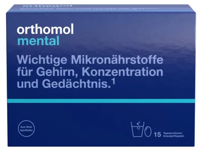 Produktbild von Orthomol Mental - für Gehirn, Konzentration und Gedächtnis - mit Pantothensäure und Omega-3-Fettsäuren - Granulat/Kapseln, 15 St. Tagesportionen