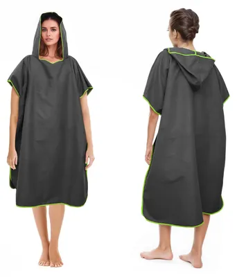 Imagen del producto de Badponcho de microfibra, con capucha, de corte largo, en color gris oscuro, ideal para la playa y el surf