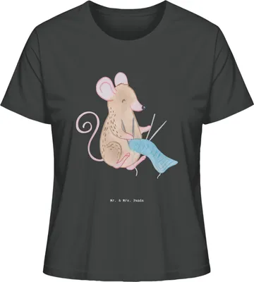 Produktbild von Mr. & Mrs. Panda Basic T-Shirt Damen Maus Stricken Größe S - Anthrazit - Geschenk, Shirt, DIY, Oberteil, Baumwoll