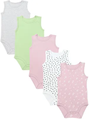 Produktbild von TupTam Baby Body Mädchen 5er Pack – Ärmelloser Body Baby aus Baumwolle, Ideal als Unterwäsche oder im Sommer, Farbe: Pink_Blumen_Punkte_Grau_Grün, Größe: 104