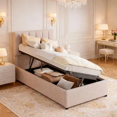 Productafbeelding van Polsterbed, eenpersoonsbed, 90x200 cm, met bedlade. Hydraulisch verstelbaar bed met lattenbodem. Boxspringbed met opbergruimte. Kinderbed/tienerbed met verstelbaar hoofdeinde. Beige, linnen