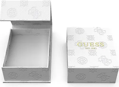 A white Guess jewelry box, open and closed, with embossed logos.