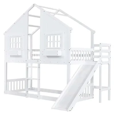Immagine prodotto di Letto a castello per bambini - Letto a castello con scivolo - 90 x 200 cm - Con scivolo - Elevata protezione anti-caduta - Scala a 3 gradini - Tetto e finestre - Bianco/Naturale