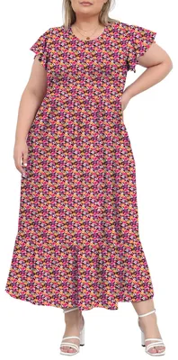 Image de Robe longue d'été pour femmes - Robe décontractée à volants, manches courtes et poches