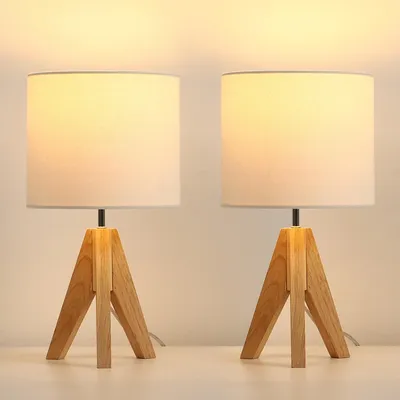 Zdjęcie produktu dla EDISHINE – zestaw 2 lampek nocnych z drewna, lampki stołowe LED z żarówkami w zestawie, lampki stołowe w stylu vintage do sypialni, salonu, na prezent
