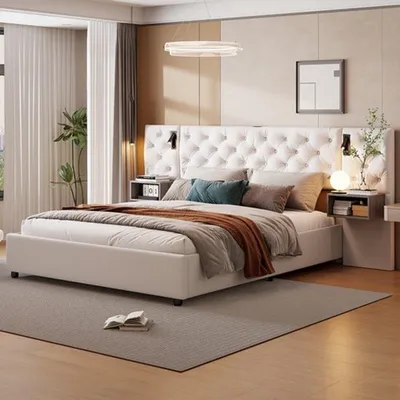 Immagine prodotto di Letto matrimoniale con struttura in tessuto beige velluto, dimensioni 160x200 cm, dotato di spazio contenitore con sistema idraulico e comodini integrati