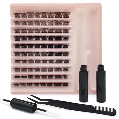 A set of false eyelashes and application tools is displayed on a white background.