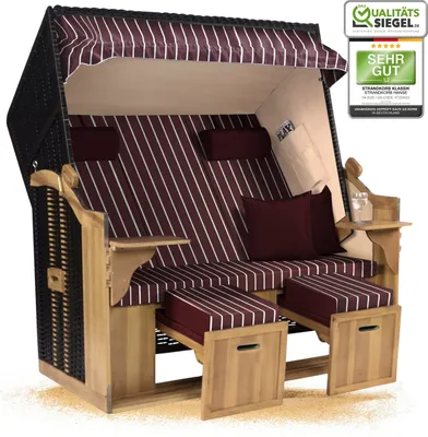 Produktbild von Strandkorb Ostsee 2,5-Sitzer 150cm breit in Schwarz Rot Weiß Nadelstreifen Zerlegt ideal für Balkon, Terrasse oder Garten