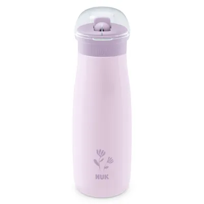 Produktbild von NUK Mini-Me Flip mit Strohhalm fr Kleinkinder | ab 12 Monate | 500 ml | Edelstahl-Wasserflasche fr Kinder | auslaufsichere stabile Trinkffnung | bruchsicher | lila Blume