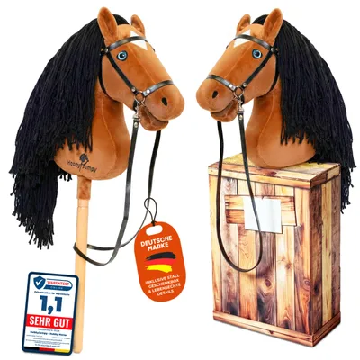 Produktbild von HobbyJumpy Premium Hobby Horse, Steckenpferd mit realistischen Augen & Stall‑Karton –in Braun