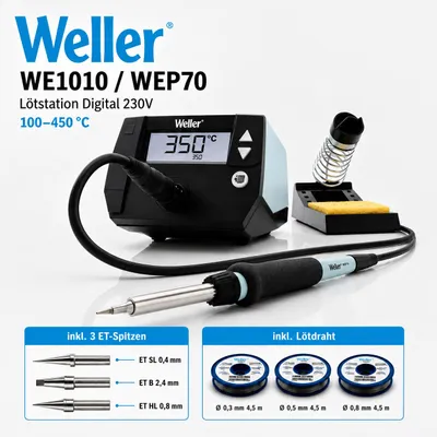Produktbild von Weller WE1010 WEP70 Lötstation Digital 230V 100-450°C + 3 ET Spitzen + Lötdraht, KI-generiertes Bild