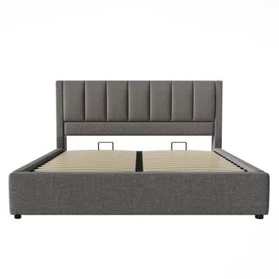 Produktbild von Flieks Hydraulisches Polsterbett 180x200cm mit Becherhalter, Stauraumbett Doppelbett mit USB & Type C, Jugendbett mit Lattenrost, Leinen, Grau