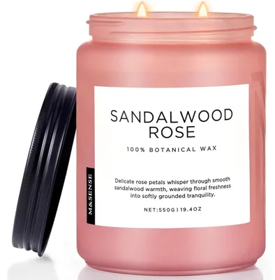 Image de Bougie parfumée Bois de Santal et Rose, 550g, 110 heures de combustion, 2 mèches, cire de soja, longue durée, idéale pour offrir
