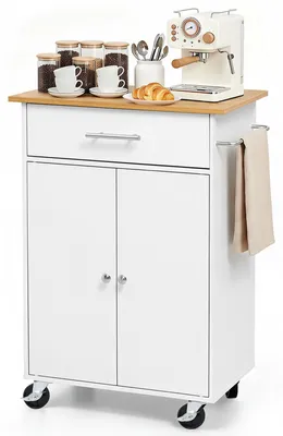 Image de VEVOR : Îlot de cuisine mobile avec 1 tiroir et 2 portes, de couleur blanche. Îlot de cuisine mobile, chariot de cuisine avec placard, porte-serviettes, plateau (600 x 380 x 15 mm) et crochets, idéal pour la salle à manger, la cuisine, chariot de service mobile
