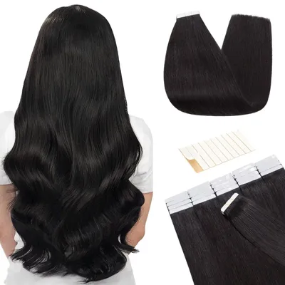 Image de Extensions à ruban - Cheveux humains naturels - Noir naturel, 45 cm - 10 pièces