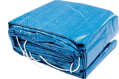 A folded blue tarp is shown against a white background.