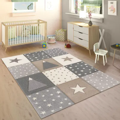 Produktbild von Kinderteppich Teppich Kinderzimmer Junge Mädchen Pastell 3D Effekt Punkte Sterne Beige Grösse 80x150 cm