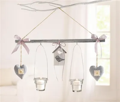 Produktbild von Dekohänger "Vogelhaus" aus Holz, grau, 2 Glaswindlichter & 2 Herzen, Teelichthalter, Windlicht