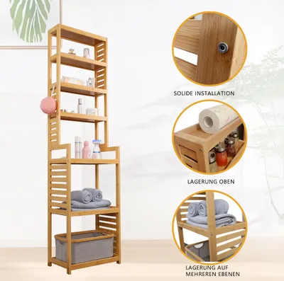 Produktbild von WAOHO Badregal Bambus Standregal,7Ablagefächer,Bambusregal Badregal,Badezimmer,Ablageflächen,Geeignet für Küchen, Bäder, Flure usw,165 x 42 x 28 cm