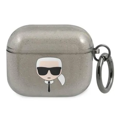 A Karl Lagerfeld AirPods 3 case with a glitter finish and a graphic of Karl's head.