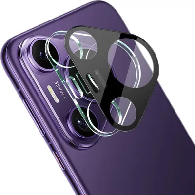 A close-up shot of a smartphone's camera lens protector being applied to a purple smartphone.