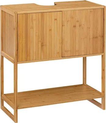 A bamboo bathroom vanity with two doors and a shelf underneath, shown against a white background.