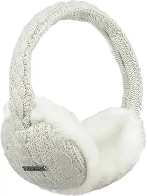 A pair of gray knitted earmuffs with white faux fur lining, shown against a white background.