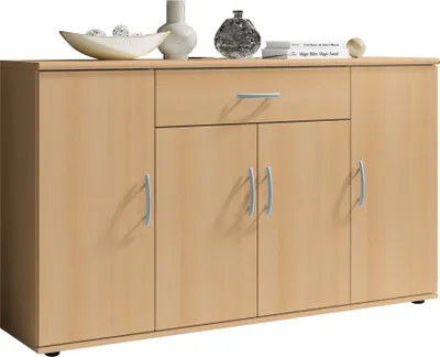 A light wood-colored sideboard with four doors and one drawer, displayed on a white background.