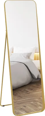 Zdjęcie produktu dla Lustro HOMCOM o pełnej długości, 160 x 50 cm, stożkowe, stojące, z metalową ramą i szkłem odpornym na stłuczenie, lustro ścienne do ustawienia na ścianie, do salonu, sypialni, przedpokoju, w kolorze złotym