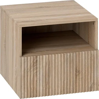 Obrázek produktu pro Noční stolek Fortuna Lai, design bez úchytek, otevřená přihrádka, zásuvka, montáž na zeď, světle hnědý