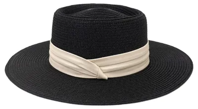 Immagine prodotto di Cappello da donna in paglia con tesa larga, protezione UV, taglia 56-58 cm, colore nero con fascia beige