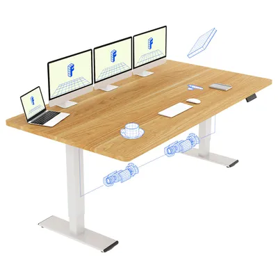 A modern adjustable height desk setup with multiple monitors and a laptop.
