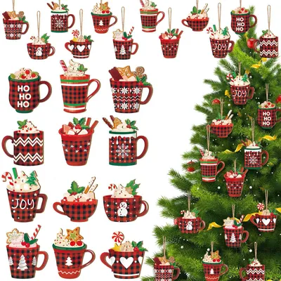 24 Holz-Weihnachtsanhänger, 12 Motive, Vintage, mit Kordel