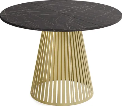 Produktbild von Esstisch Rund Ausziehbar mit Lamellen im Loft-Stil – 100 bis 180 cm – Industrieller Tisch mit Goldenen Metallbeinen, Platzsparend für Wohnzimmer oder Esszimmer – Marmor Schwarz