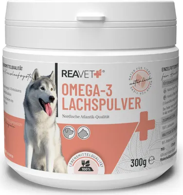 Produktbild von REAVET Omega-3 Lachs Pulver für Hunde, Katzen 300g, Alternative zu Lachsöl, Essenzielle Fettsäuren, Barf- und Futterzusatz