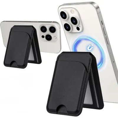 Two black leather Mag-Safe wallet card holders are shown, one attached to the back of a white iPhone and the other standing on its own.
