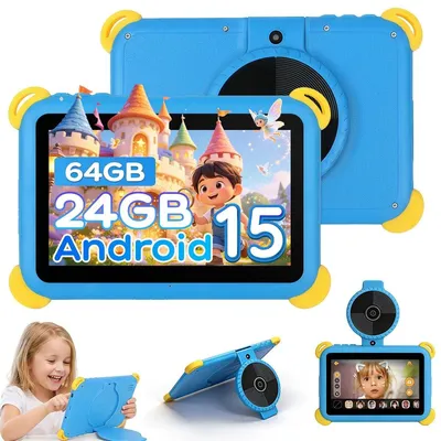 Produktbild von JENBIZZ Kinder Tablet 7 Zoll, Android 15, 24 GB + 64 GB (TF 1 TB), mit Kindersicherung, KI-Dual-Kamera, WLAN 6, Blau