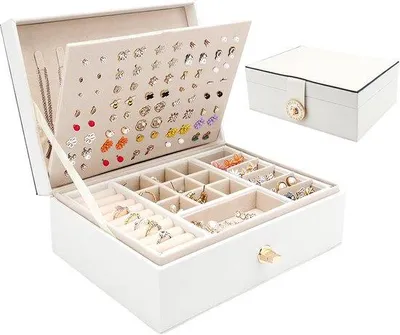 Immagine prodotto di Portagioie da donna a due scomparti, con contenitore estraibile, per anelli, orecchini, collane e bracciali (bianco).
