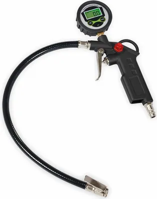 A digital tire inflator gauge with a black hose and a black handle.
