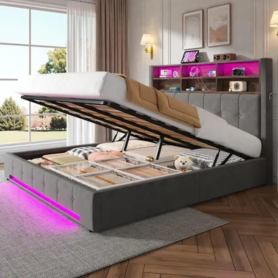 Image de Lit en velours 180 x 200 cm avec éclairage LED et port USB-C, lit rembourré avec coffre de rangement hydraulique, tête de lit multifonctionnelle avec 6 compartiments et poches latérales pour chambre à coucher